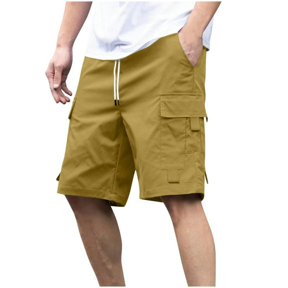 Kvture Mens Shorts Twill Cargo Shorts Elastic Waist Drawstring Shorts Solid Color Loose Cargo Stretch Short Bermuda Shorts with Multi Pockets Brown L