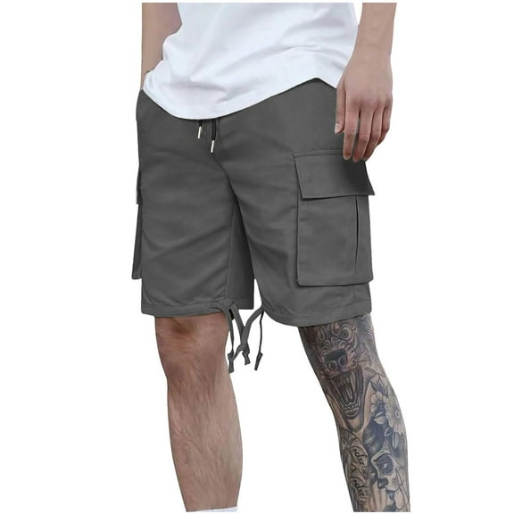 Kvture Mens Twill Cargo Shorts Elastic Waisted Drawstring Half Pants Solid Color Multi-Pocket Knee Length Shorts Fashion Adjustable Hem Cargo Shorts Dark Gray M