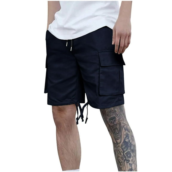 Kvture Mens Twill Cargo Shorts Elastic Waisted Drawstring Half Pants Solid Color Multi-Pocket Knee Length Shorts Fashion Adjustable Hem Cargo Shorts Navy XXXL