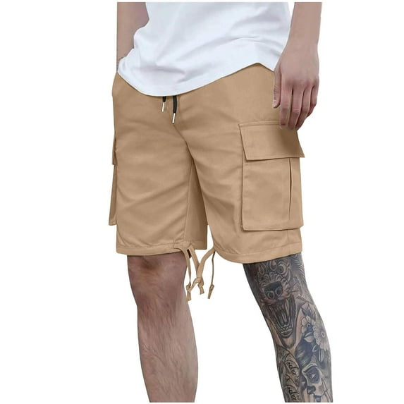 Kvture Mens Twill Cargo Shorts Elastic Waisted Drawstring Half Pants Solid Color Multi-Pocket Knee Length Shorts Fashion Adjustable Hem Cargo Shorts Khaki L