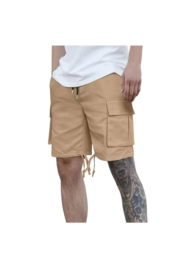 Mens Twill Cargo Shorts Elastic Waisted Drawstring Half Pants Solid Color Multi-Pocket Knee Length Shorts Fashion Adjustable Hem Cargo Shorts Khaki S