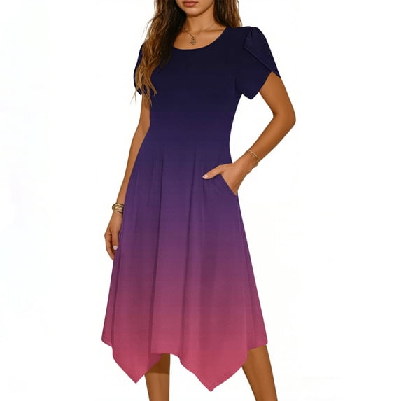 Kvture Midi Dresses for Women Short Sleeve Crew Neck Vacation Dress Gradient Print Hem Long Dress with Pockets Purple