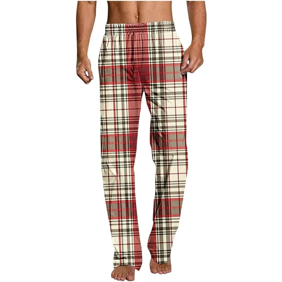 Kvture Pajamas for Mens Graphic Loose Fit Thin Plaid Straight Leg Long Leg Trousers Pants Pajamas PJ Man Wine M