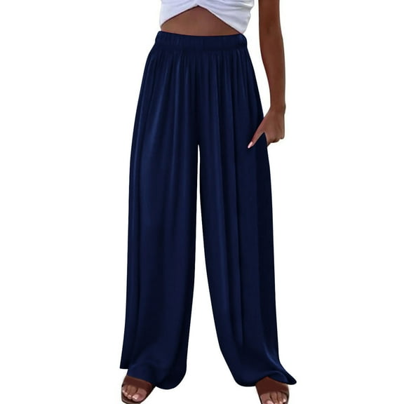 Kvture Palazzo Pants for Women Comfy Lightweight Wide Leg Pants Elastic High Waist Flowy Loose Lounge Pant Travel Outfits Blue M