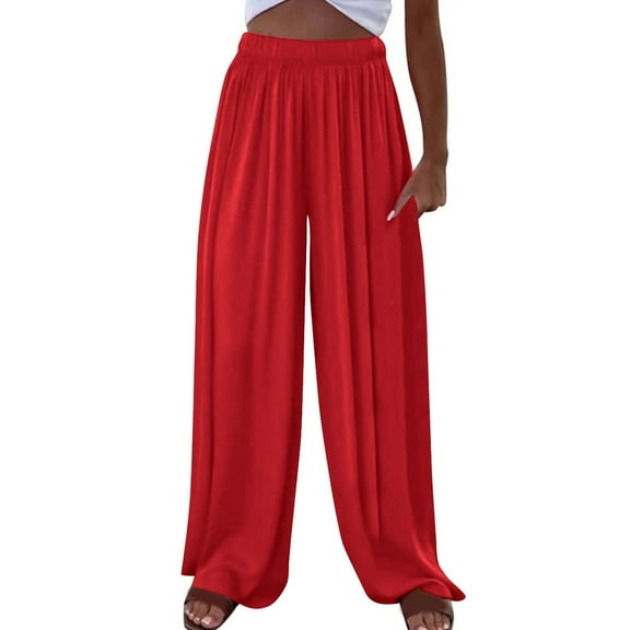 Kvture Palazzo Pants for Women Comfy Lightweight Wide Leg Pants Elastic High Waist Flowy Loose Lounge Pant Travel Outfits Red XXL