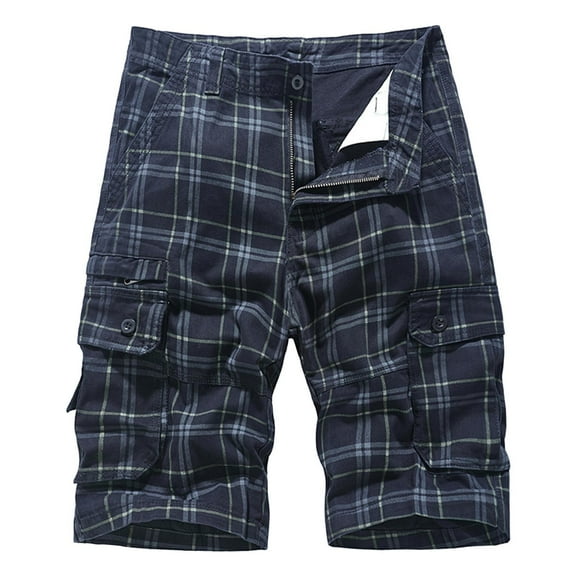 Kvture Plaid Cargo Shorts for Men Summer Cotton Button Zipper Work Pants Fashion Multi-Pockets Streetwear Shorts Big And Tall Half Pants Dark Blue XXL