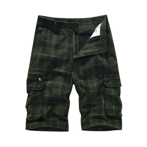 Kvture Plaid Cargo Shorts for Men Summer Cotton Button Zipper Work Pants Fashion Multi-Pockets Streetwear Shorts Big And Tall Half Pants Army Green M