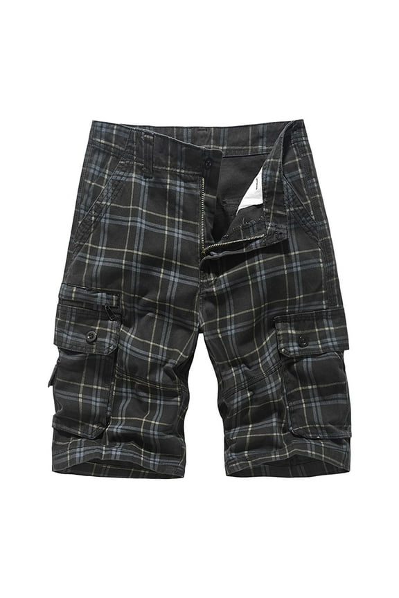 Plaid Cargo Shorts for Men Summer Cotton Button Zipper Work Pants Fashion Multi-Pockets Streetwear Shorts Big And Tall Half Pants Black M