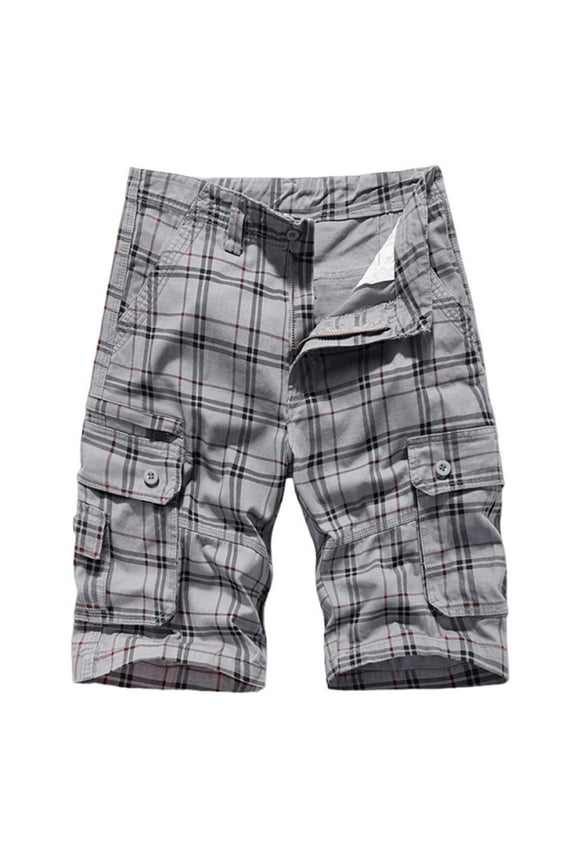 Plaid Cargo Shorts for Men Summer Cotton Button Zipper Work Pants Fashion Multi-Pockets Streetwear Shorts Big And Tall Half Pants Gray L