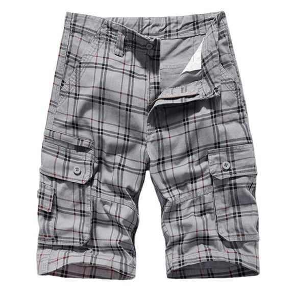 Kvture Plaid Cargo Shorts for Men Summer Cotton Button Zipper Work Pants Fashion Multi-Pockets Streetwear Shorts Big And Tall Half Pants Gray XXXL