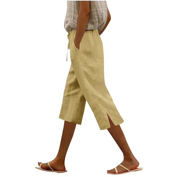 Kvture Plus Size Linen Pants for Womens Lightweight Side Slit Wide Leg Capri Pants with Pocket Drawstring Elastic Waisted Capris Khaki XXXL