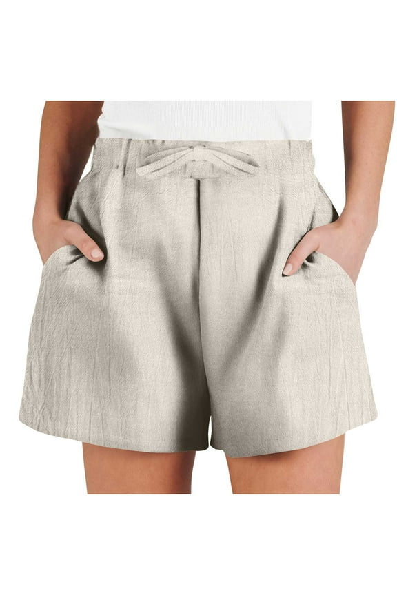 Plus Size Linen Shorts for Women Summer Comfy Casual Beach Shorts with Pockets Drawstring Elastic Waist Pants Beige M