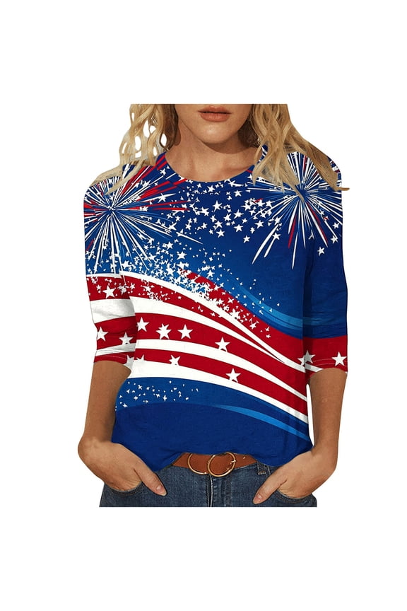 Plus Size Patriotic T Shirts for Women 3/4 Sleeve Red White Blue Crewneck Loose Fit Tops Independence Day Printed Tees Blue Tees XXL