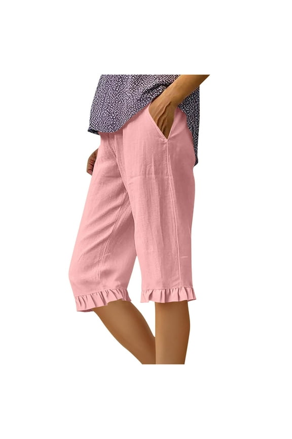 Ruffle Hem Capris for Women Knee Length Linen Bermuda Shorts Casual Elastic Waist Cropped Straight Pants with Pockets Pink XXL