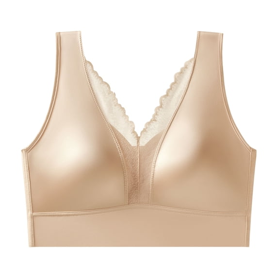 Kvture Seamless Satin Wireless Bra for Women Deep V Lace Trim Full Coverage Comfort No Underwire Everyday Bras Khaki Bras L