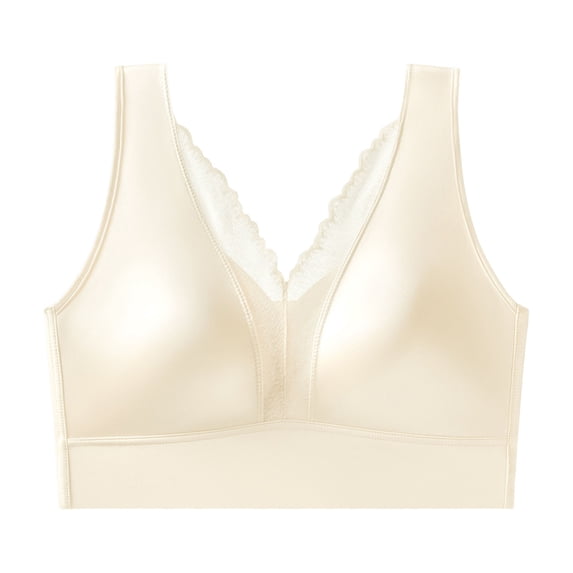 Kvture Seamless Satin Wireless Bra for Women Deep V Lace Trim Full Coverage Comfort No Underwire Everyday Bras White Bras L