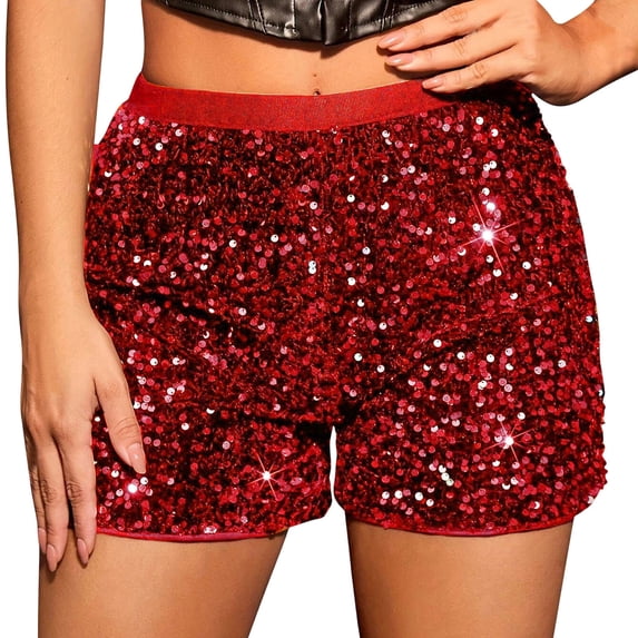 Kvture Sequin Shorts for Women High Elastic Waisted Party Going Out Concert Outfit Sparkly Fashion Clubwear Loose Shorts Red L