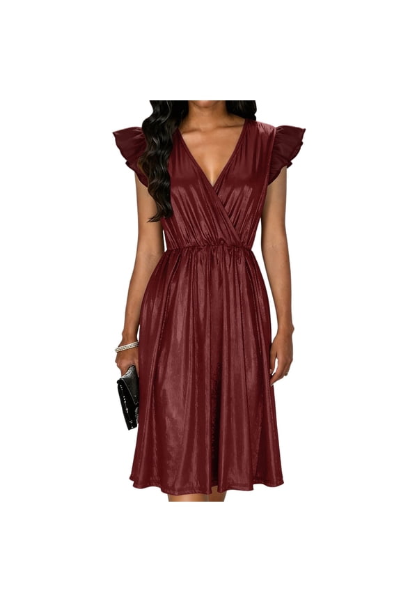 Shiny Ruffle Sleeveless Dress for Women Elegant V Neck Swing Dresses Summer Party A-Line Dresses Red