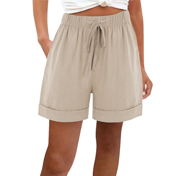 Kvture Shorts for Women Comfy Drawstring Casual Elastic Waist Summer Loose Cotton Linen Lounge Short Pants with Pockets Beige L