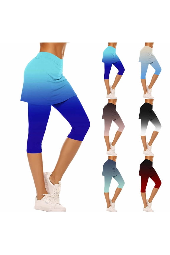 Skirted Leggings for Women Tennis Golf Skorts Capris Gym Yoga Legging with Skirts Pickleball Workout Capri Pants Gradient color Milk Silk Soft Tights Black XL
