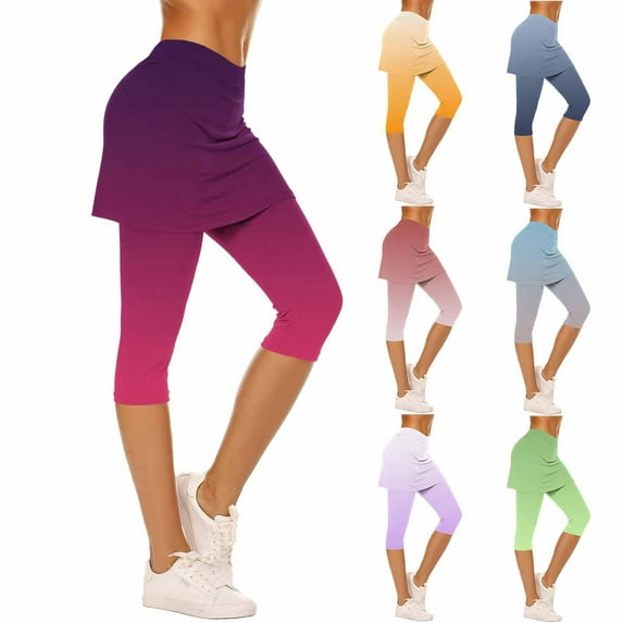 Kvture Skirted Leggings for Women Tennis Golf Skorts Capris Gym Yoga Legging with Skirts Pickleball Workout Capri Pants Gradient color Milk Silk Soft Tights Hot Pink XL