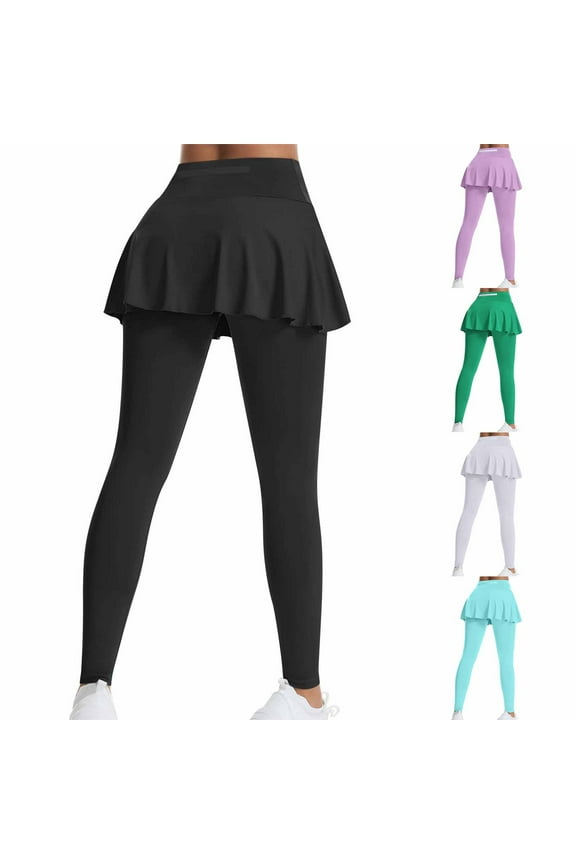 Skirted Leggings for Women Tennis Golf Skorts Legging Gym Yoga Legging with Skirts Pickleball Workout Long Pants Milk Silk Soft Tights Black S