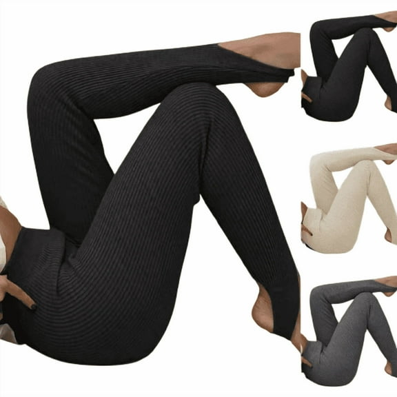 Kvture Stirrup Leggings for Women Stretchy High Waisted Slim Fit Yoga Pants Ribbed Knit Tummy Control Gym Workout Tights Stirrup Pants Black M