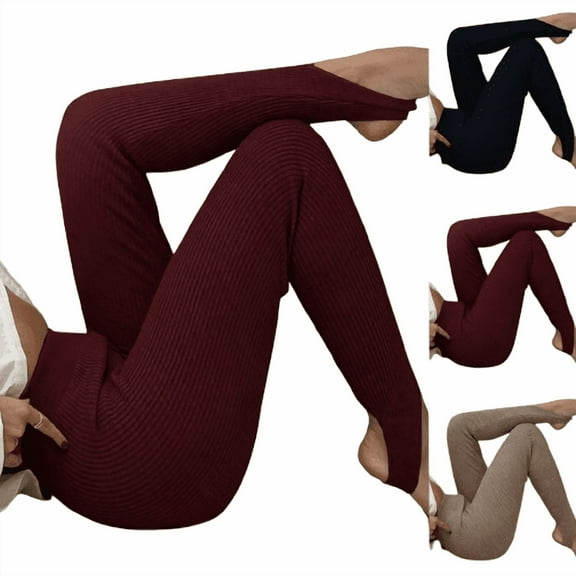 Kvture Stirrup Leggings for Women Stretchy High Waisted Slim Fit Yoga Pants Ribbed Knit Tummy Control Gym Workout Tights Stirrup Pants Khaki L