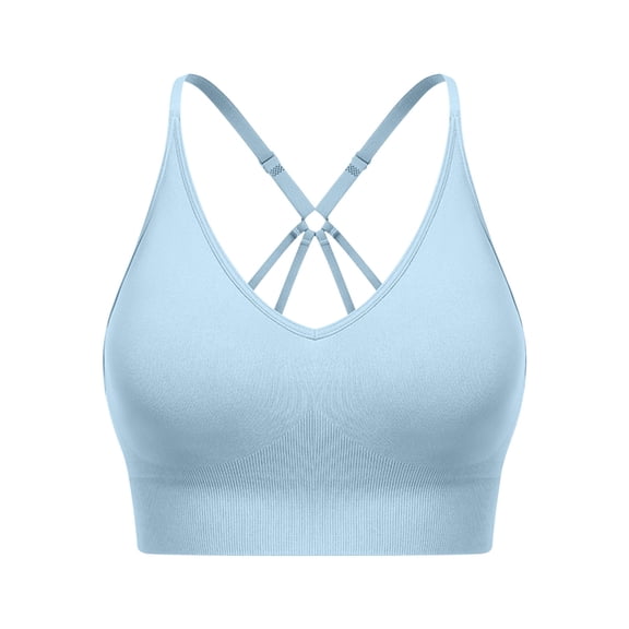 Kvture Strappy V Neck Sport Bra for Women Multipack Padded Seamless Wireless Supportive Racerback Criss Cross Workout Yoga Bra Pack Light Blue Bras L