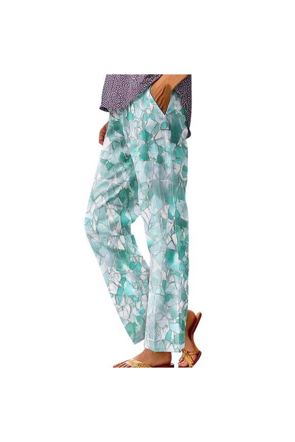 Summer Boho Cotton Linen Casual Pants for Women Fashion Print Baggy Palazzo Pants Elastic Waist Pockets Trousers Mint Green XL
