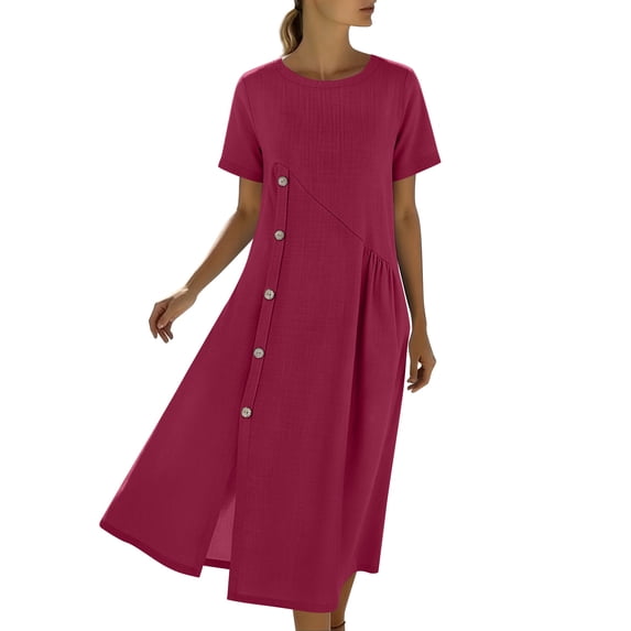 Kvture Summer Dresses for Women Casual Short Sleeve Cotton Linen Midi Dress Side Button High Waist Loose Beach SundressWine