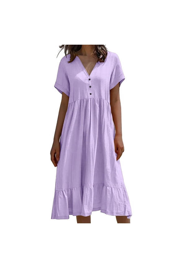 Summer Dresses for Women Casual Short Sleeve V Neck Flowy Ruffle Tiered Dress Spring Vacation Sundress Purple Dress M