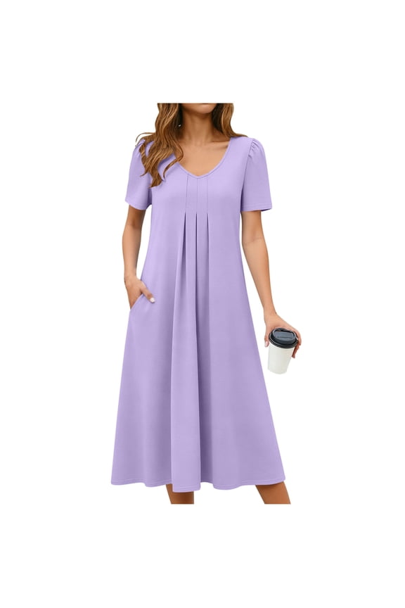 Summer Dresses for Women Short Sleeve V Neck Pleated Midi Dress Casual A-Line Flowy Vacation Dresses with Pockets Purple