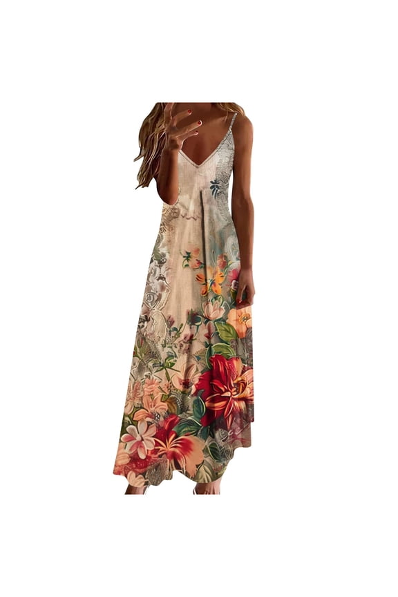 Summer Dresses for Women Sleeveless Casual Floral Beach Sundress Boho V-Neck Spaghetti Strap Maxi Dress G Multicolor