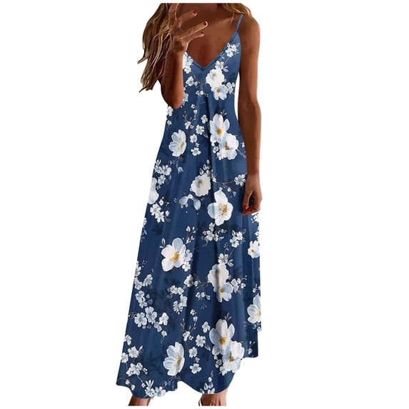 Kvture Summer Dresses for Women Sleeveless Casual Floral Beach Sundress Boho V-Neck Spaghetti Strap Maxi Dress K Multicolor