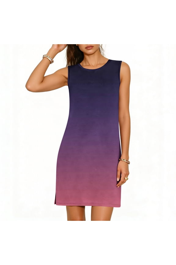 Summer Dresses for Women Sleeveless Summer Mini Dress Crew Neck Basic Solid Loose Casual T Shirt Dresses Purple L