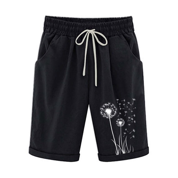 Kvture Summer Knee Length Shorts for Women Cotton Linen Bermuda Shorts Elastic Waist Workout Short Loose Beach Short Black M