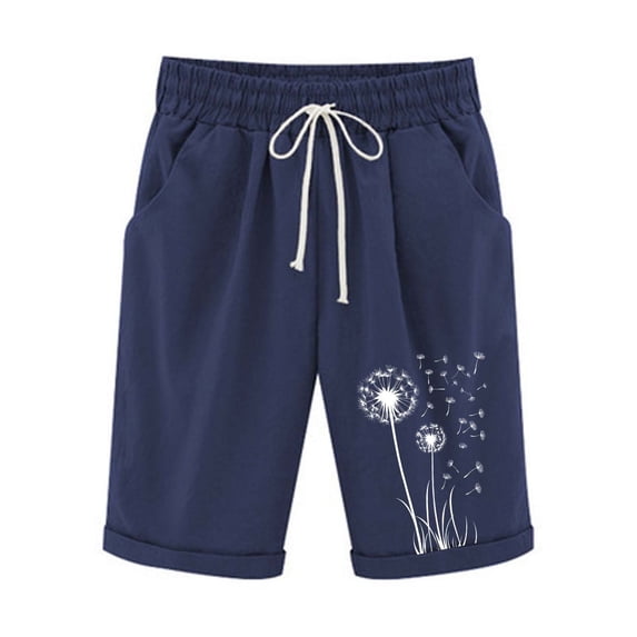 Kvture Summer Knee Length Shorts for Women Cotton Linen Bermuda Shorts Elastic Waist Workout Short Loose Beach Short Navy S