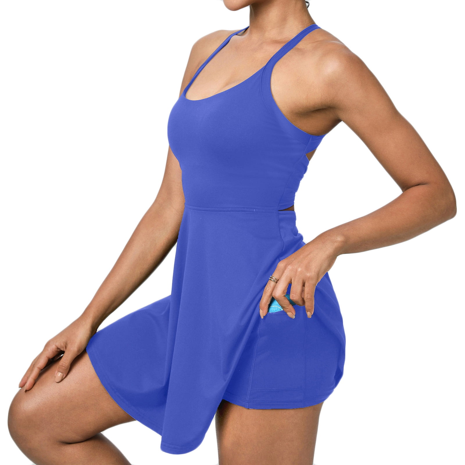 Kvture Tennis Dress with Built in Shorts Mini Athletic Dress for Women Summer Cutout Backless Sleeveless Golf Workout Dresses Blue