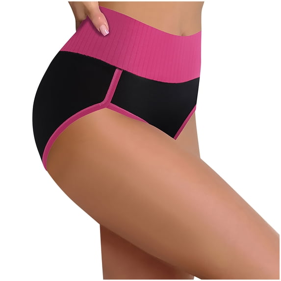 Kvture Underwear for Women Ribbed High Waisted Briefs Full Coverage Soft Underwear Strech Breathable Color Block Panty M Hot Pink