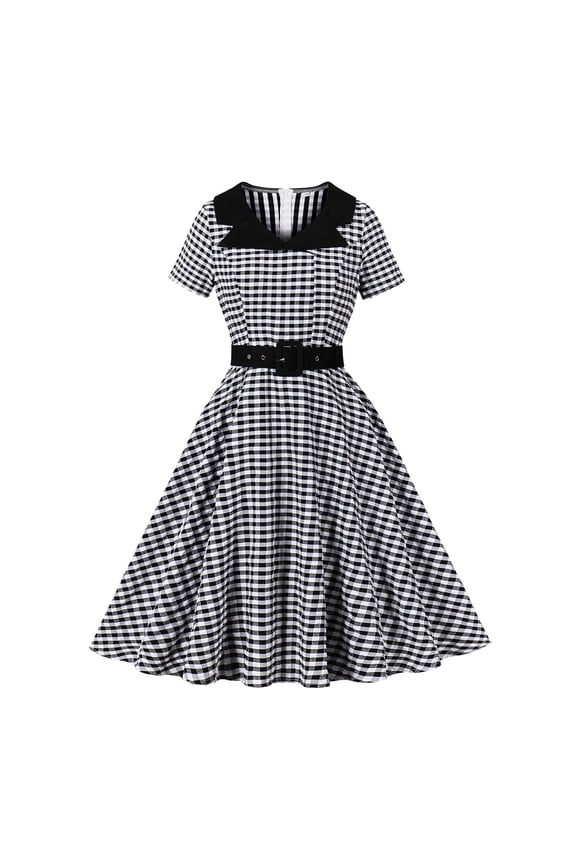 Vintage Plaid Dress for Women 1950s Retro Swing Tea Dress Short Sleeve V Neck Belted A-Line Midi Party Cocktail Dress Black