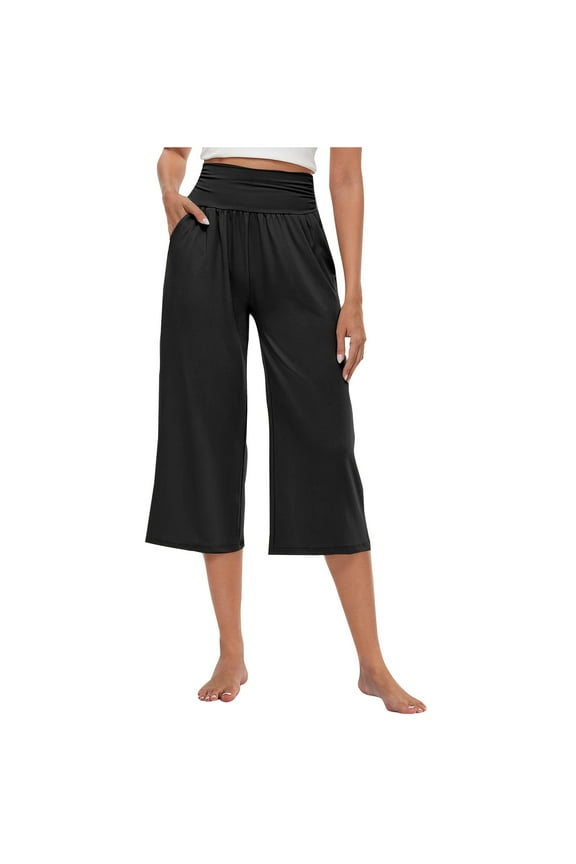 Wide Leg Cropped Pants for Women Drawstring Culottes with Pockets Summer Palazzo Yoga Pants Black XXXL