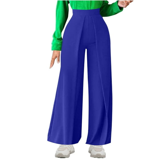 Kvture Wide Leg Dress Pants for Women High Waisted Business Casual Pleated Ladies Work Suit Pants with Pockets Blue M