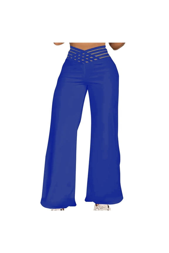 Wide Leg Pants for Women Hollow Out Criss Cross High Waist Baggy Palazzo Trousers Dressy Casual Loose Flowy Beach Pants Blue M