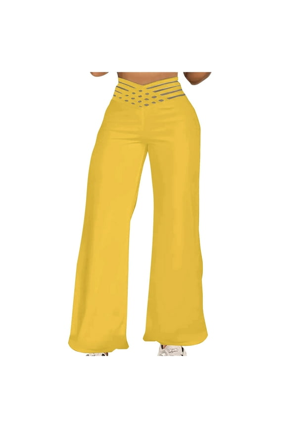 Wide Leg Pants for Women Hollow Out Criss Cross High Waist Baggy Palazzo Trousers Dressy Casual Loose Flowy Beach Pants Yellow M