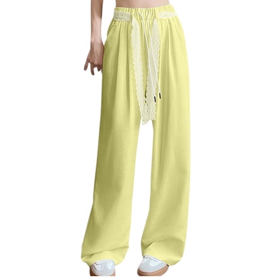 Kvture Wide Leg Sweatpants for Womens High Waisted Baggy Sweatpants Casual Drawstring Workout Jogger Pants with Pockets-Yellow L