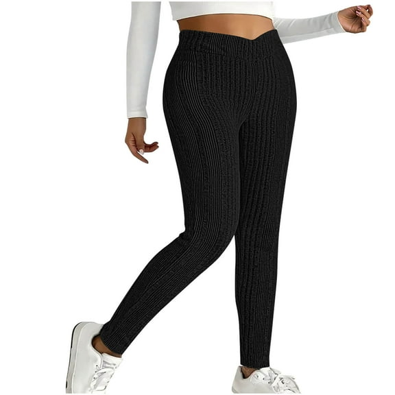Kvture Winter Leggings for Women Elastic High Waist Ribbed Knit Casual Long Pants Cozy Sweater Tights Soft Warm Lounge Pants Black M