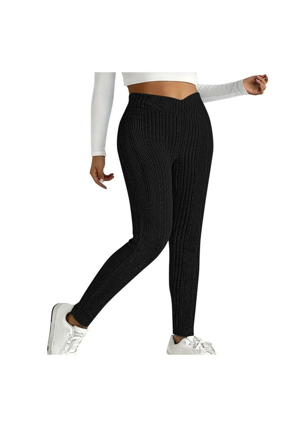 Winter Leggings for Women Elastic High Waist Ribbed Knit Casual Long Pants Cozy Sweater Tights Soft Warm Lounge Pants Black XXL