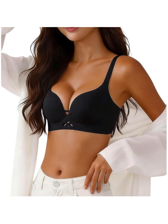 Wireless Bras for Women Push Up Full Coverage Seamless Supportive Bra Cutout No Underwire Everyday T-Shirt Bralette Black Bra S