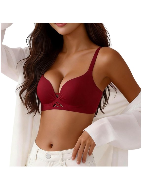 Wireless Bras for Women Push Up Full Coverage Seamless Supportive Bra Cutout No Underwire Everyday T-Shirt Bralette Wine Bra L